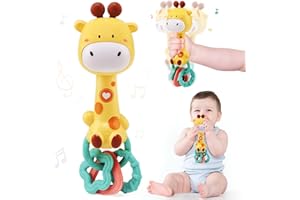 JoyPlus Giocattolo Sonaglio Musicale per Neonati 6 Mesi, Giochi Sensoriali per Neonati, Giocattoli Musicali a Forma di Giraffa con Massaggiagengive e illuminazione, Regalo per Neonato 6 12 18 Mesi