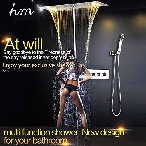 Sunny Key | shower :Concealed Thermostat Shower Mirror Panel with 38x70CM Ceiling LED Shower Head Rainfall Mist Buble Column Waterfall Spout -T