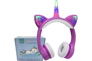 YUSONIC Unicorn Headphones, Bluetooth Headphones for Girls Boys Laptop Tablet, LED Lighting Kids Headphones for Birthday Travel School Gifts (purple)