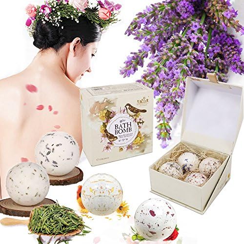 Bath Bombs Gift Set 4pcs/box Deep Sea Bath Salt Natural Essential Oils & Dry Flowers, Handmade Birthday Gift idea for Girlfriends Bath Salt Ball Craft Natural Bath Bomb Skin Care Massage Body Cleaner 4 Smell Christmas Gift 100% Natural Organic Essential Oil for Moisturizing Skin