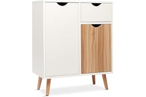Mondeer- Buffet - Meuble de Rangement, Scandinave 2 Portes 1 Tiroir, Convient pour Salon, Chambre à Coucher, Cuisine, Couloir, Chêne et Blanc 60 x 30 x 73 cm
