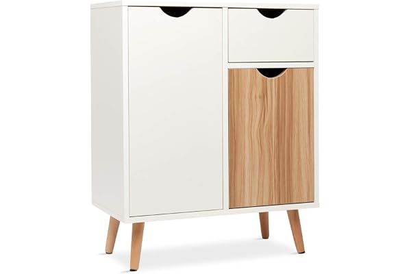 Meerveil Byrå, skänk highboard, serveringsbord trä med 1 låda, 2 dörrar för vardagsrum, sovrum, hall, 60 x 30 x 73 cm, vit och natur