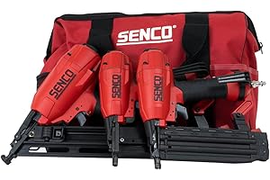 SENCO Pneumatic 4 Piece Finish Kit Includes 3 Air Powered Tools for Finish & Trim Projects: 15 GA Finish Nailer, 18 GA Brad Nailer, 18 GA Stapler, and Storage Bag (10S0001N)