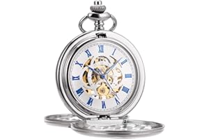 ManChDa Orologio da tasca Retro Liscio Classico orologio da taschino meccanico a carica manuale Windpunk Numeri romani Orologio da taschino per uomo Donna con catena + confezione regalo