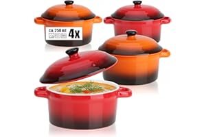 COM-FOUR® 4x cocotte avec couvercle en céramique - bol à dessert pour par exemple Aileron de ragoût en orange et rouge, 250/175 ml par plat (4 pièces - orange. rouge)