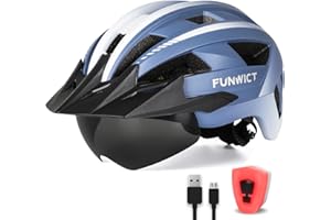 FUNWICT Casque Velo Homme Femme avec Visiere et Lunettes Détachables, Casque Vélo Casques VTT avec Feu Arrière à LED Rechargeable, Casque Cyclisme pour Adulte et Adolescent, Taille M/L/XL