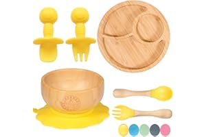 77STAR 77 Star Bamboo Baby Weaning Set, Baby Suction Bowl, Suction Plate Baby, Spoon & Fork, Strong Detachable Suction Base Baby Feeding Set, Non-Slip Bamboo Bowl & Baby Plates with Suction (Yellow)