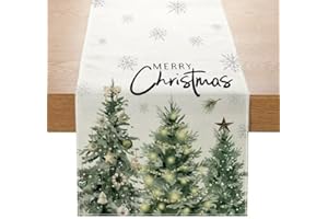 DOOFE Christmas Table Runner Trees Snowflakes, 230 x 33 CM White Linen Christmas Table Runners with Christmas Tree Snowflakes Pattern, Christmas Dining Table Runner for Winter Holiday Christmas Decorations