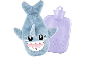 Toivize 1L Wärmflasche, 2-in-1 Hai Wärmflasche Wärmflasche mit Bezug Wärmflasche Kinder für Hals, Schulter, Rückenlinderung, Menstruationskrämpfe, Beruhigende Kälte/Heiße Therapie