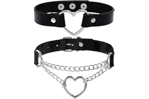 NXPWRC 2 Pieces Of Heart Necklaces, Leather Collars, Chain Collars, Love Neck Necklaces, Punk Heart-Shaped Collars, Adjustable Choker Necklaces
