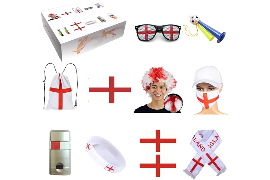 England Supporters Pack - Afro Wig, St George Cross England Flag 5x3 Ft, Sunglasses, Wristbands, Tattoo Stickers, Face Paint - England Football Decoration Kit