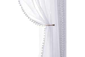 Treatmentex Cortinas Blancas Transparentes con Pompones para Sala,Cortinas de Ventana con Apariencia de Lino para Dormitorio, Filtrar Algo de luz de Sol, 140x245cm,Bolsillo para Varilla,2 Paneles