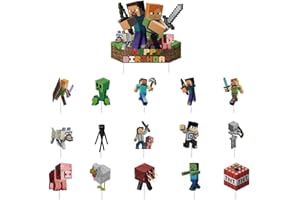 CHICAN Pixel Miner Cake Ornaments - Game Themed Party Decorations, 16Pcs Set for Boys Kids