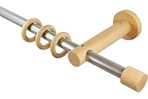 iso-design Gardinenstangen 16 mm aus Metall und Holz Alu/Buche Endstück Kappe, 160 cm