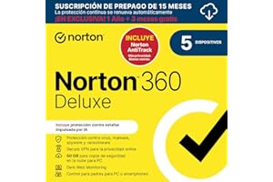 NORTONLIFELOCK Norton 360 Deluxe+Norton AntiTrack 2025|Antivírus 5 Dispositivos| 15 meses com renovação automática| Descarga digital
