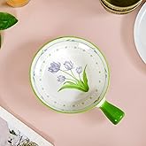 Nestasia Ceramic Green & White Snack Bowl with Handle | Microwave & Dishwasher Safe Serving Bowl Perfect for Snacks, Noodles,