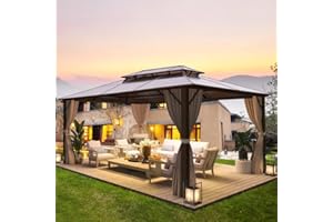 EROMMY Hardtop Gazebo 4 X 3 m Outdoor Double Polycarbonate Roof Gazebo Garden Pavilion Canopy with Nettings, Curtains and Aluminum Frames for Patio, Backyard and Lawn