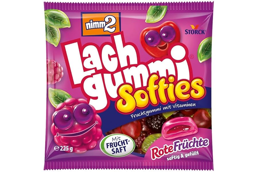 nimm2 Lachgummi Softies Rote Früchte, Gefülltes Fruchtgummi - 1 x 225 g | Fruchtgummis in 6 beerigen Sorten mit Fruchtsaft-Fü