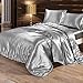 Produktbild Seide Bettwäsche Set Bettbezug Seide Kissenbezug Spannbetttuch Satin Modern Leicht Weich Betten Set bequem (220x240cm, Silber)