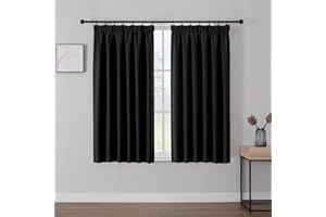 Joydeco Black Pencil Pleat Blackout Curtains 54 Inch Drop, Thermal Insulated Soft Short Window Treatment for Living Room Bedroom, Rod Pocket Ring Top Track Rail, 46 x 54 Inch - 2 Panels
