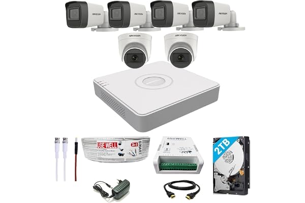 HIKVISION 8 Channel DVR with 5 MP 4 Bullet & 2 Dome Cameras with Audio Recording + 2 TB HDD + (3+1) Cable roll + 4 CH Power Supply + USEWELL BNC & DC Full Combo Kit