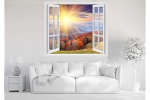 GAMESMONKEY Adesivi Murali Finestra - Paesaggi Vari Mare e Oceano - WALL STICKERS 3D parete muro (60x70 cm, Tramonto Sole Raggi - N044)