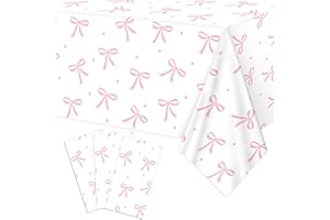 LIANXUIA Lianxia 3pcs Coquette Pink Bow Tablecloth, 54 x 108 Inch Bow Party Plastic Cover, Birthday Decorations for Bachelorette, Bridal Shower, Baby Shower, Girls' Party