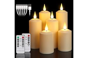 ‎YUNSHENG yunsheng Wiederaufladbare LED Kerzen mit 10-Tasten Fernbedienung, Outdoor Wasserdichte Flammenlose Kerzen mit 6/8H Timer, Römische Stumpenkerze im 6er Set (5.1x10.5/14/16.5cm), Elfenbein, Type-C