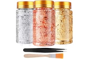 KKSJK 3 Flaschen Gold Flakes, Blattgold Flocken Dekorfolie, Gilding Flakes Set, Imitation Metallic Folienflocken for DIY Kunsthandwerk, Nagelkunst, Harzschmuck (Hergeben Pinsel und eine Pinzette)