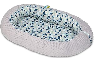 Velinda Baby nest, cushion, soft, 0-8 months, snuggly, Baby sleeping, newborn (pattern: blue triangles – grey)