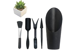 LuckyOpt 5 Stück Mini Gartenwerkzeug mit Reinigungsbürste, Sukkulenten Garten Werkzeug für Garten und Haus Bepflanzung, Indoor-und Outdoor-Pflanzenpflege (Schwarz)