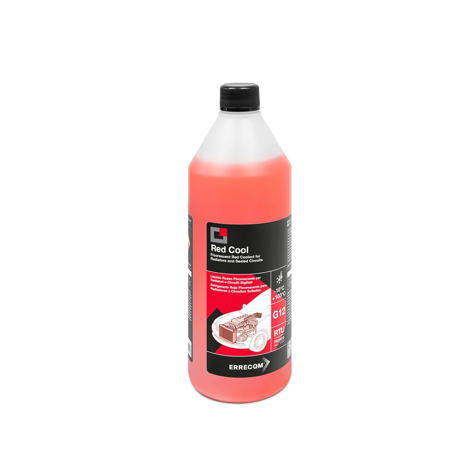 ERRECOM Red Cool, Liquido Radiatore Rosso Fluo Anti-Ebollizione +103°C | G12 con Pacchetto inibitore a Base Organica Oat, Protezione Invernale Antigelo -10°C, Pronto all’Uso, 1 Litro