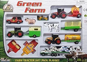 IndusBay Complete Farm Toy Set with Die Cast Farm Tractor, Trailer, Harvester , Farm Animals, Milk Truck and More - Set of 13