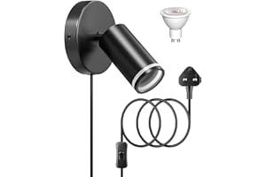 Lamptobe Plug in Wall Light with Switch, 350° Rotatable GU10 Wall Light Plug in with 1.6m Cable, Indoor Wall Sconce Lights for Living Room Bedroom Restaurant Pub, 5W Bulb Included, 1Pack, Black