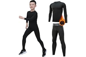 Leeboom Base Layer Kids Winter - Long Sleeve Top & Matching Bottoms, Skins for Boys Warm Kids Base Layer Football Compression Set for Football Basketball Ski