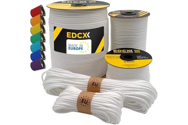 EdcX Paracord 4 mm, 35+ Couleurs Unies (10 m, 15 m, 30 m, 50 m, 100 m, 300 m) | Idéal pour l'artisanat, Le Camping, la Survie | Corde 100% Nylon 4 mm | Cordon Tactique 550 Type III (White, 50 m)