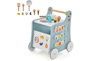 RELAX4LIFE Carrello Primi Passi in Legno 6 in 1, con Blocchi e Accessori in 9 Parti,Centro Attività Montessori con Giacattoli Cucina,34,5 x 31 x 42 cm (BLU)