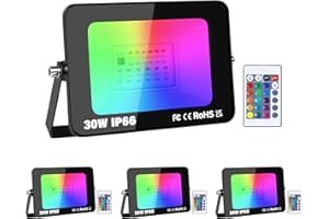 RIGIDON 4 pezzi 30W Faretto LED RGB con Telecomando, Proiettore 16 Colori 4 Modalità Funzione di Memoria Proiettore da Interno Esterno, Impermeabile IP66 Faretti LED per Halloween Natale Giardino