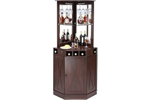 VEVOR Mobile Bar Industriale ad Angolo, Tavolo da Vino per Liquori e Bicchieri, Credenza Buffet con Porta Bicchieri, Mobile Bar Indipendente in Legno per Soggiorno, Bar di Casa, Noce Nera