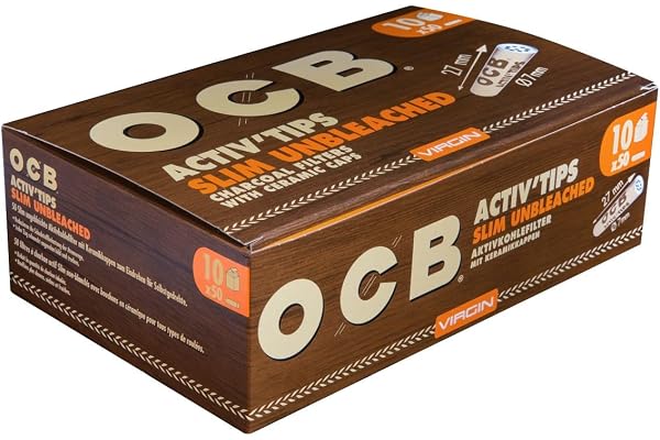 OCB 18657 ActivTips Slim Unbleached Lot de 500 filtres à charbon actif Virgin 7 mm avec bouchons en céramique 10 x 50