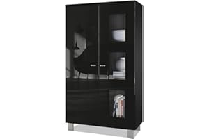 ‎VLADON Vladon Vitrine Denjo, Made in Germany, Standvitrine mit 2 Türen und 3 Glaseinsätzen, Schwarz matt/Schwarz Hochglanz (71 x 129 x 35 cm)