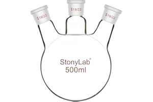 stonylab Borosilicate Glass Heavy Wall 3 Neck Round Bottom Flask RBF, with 19/22 Center and Side Standard Taper Outer Joint, 500 mL