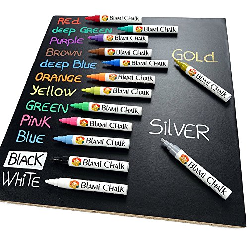 Blami Arts Kreidemarkern mit den extra GOLD und SILBER-Farben. 12 Flüssigkreide-Marker mit Reversible Spitze. Lassen Sie Ihrer Kreativität mit hochwertigen Flüssigkreide-Stifte jetzt freien Lauf! - 2