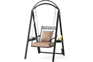 ‎COSTWAY COSTWAY Outdoor Schaukel mit Gestell, Gartenschaukel Metall mit abnehmbaren Kissen & Seitentischen, bis 160 kg, Terrassenschaukel Schaukelgerüst für Garten, Balkon, Hinterhof (Schwarz)