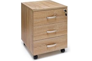 Marvin Cassettiera Ufficio In Legno Chiave Sicurezza Con Ruote Per Scrivania Tavolo 3 Cassetti Ripiani (Rovere Scuro)
