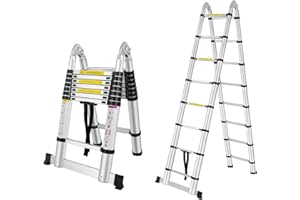 UISEBRT Składana Drabina Teleskopowa 2,5 m + 2,5 m Aluminiowa Składana Rozsuwana obciążenie do 150kg Srebrna【5m】