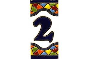 ART ESCUDELLERS Números casa. Letreros con numeros y letras en azulejo de ceramica policromada, pintados a mano en técnica cuerda seca para placas con nombres, direcciones y señaléctica. Texto personalizable. Diseño MOSAICO MINI 7,3 cm x 3,5 cm. (NUMERO DOS "2")