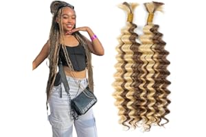 Tuheerst P4/613 Highlight Brown Boho Braids Human Hair Extension Blonde No Weft Deep Wave 50g/Bundle Total 100g Unprocessed Human Braiding Hair For Women 20 20 Inch