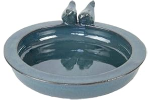 Rivanto® Keramik Vogeltränke mit Vogelfiguren, Ø 30 cm, Höhe 10 cm, petrol, Vogelbad für Wildvögel, Futterstation