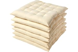 ‎HOMESCAPES Homescapes 6er Set Stuhlkissen 40 x 40 cm, Creme, Sitzkissen mit Bändern und Knopfverschluss, einfarbige Auflagen für Stühle mit Bezug aus 100% Baumwolle und weicher Polyester-Füllung, cremeweiß